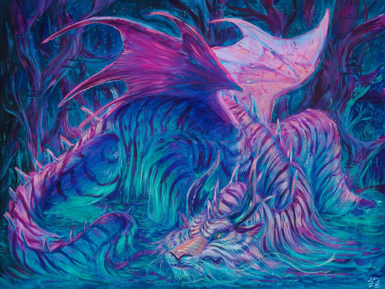 "Tiger, Tiger" gouache painting Painting of a pinky-purple and blue tiger dragon, lit by a glowing green water from below.